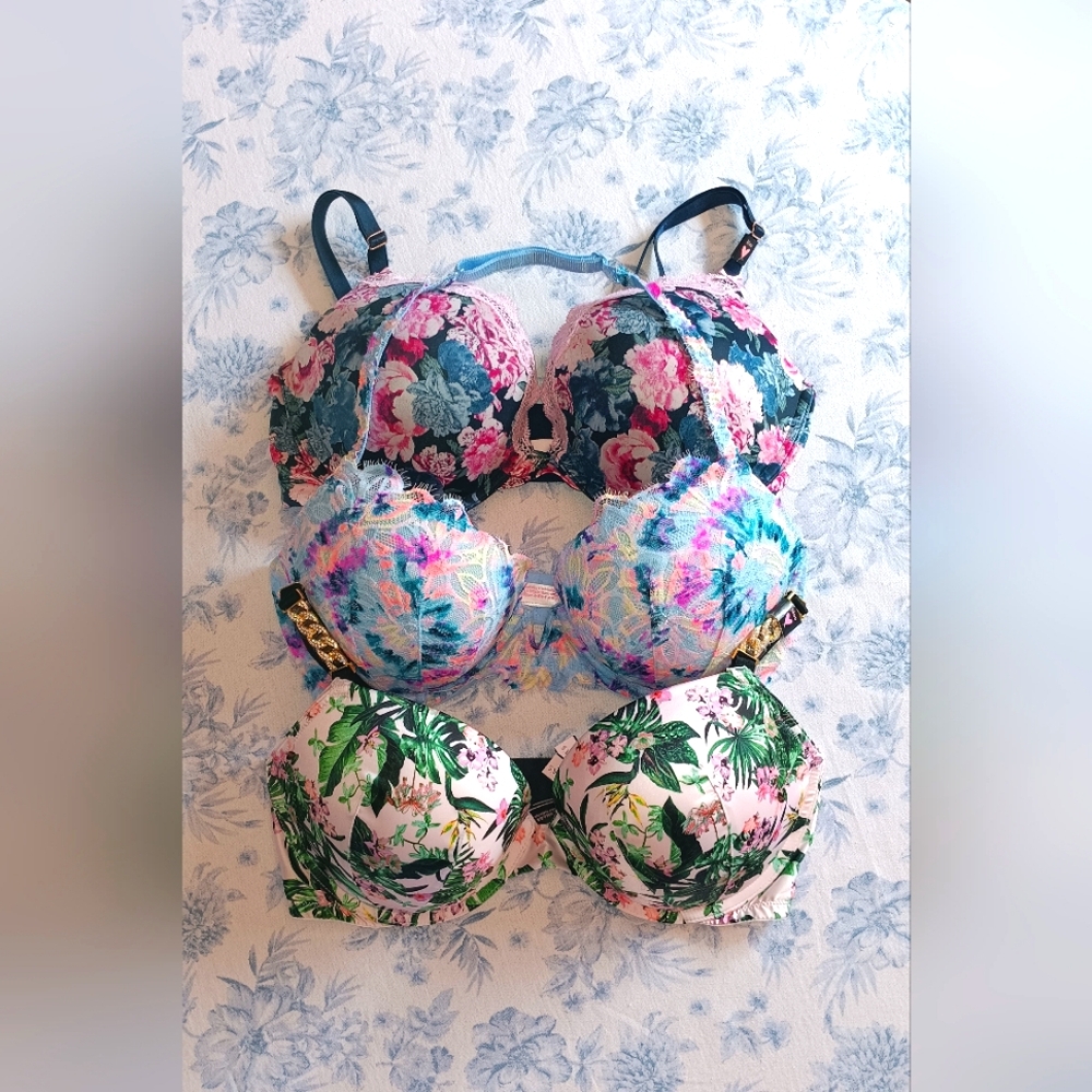 Lot 3 NWT Victoria's Secret VS Push Up Bras Bling Floral PINK 36DD New With Tags